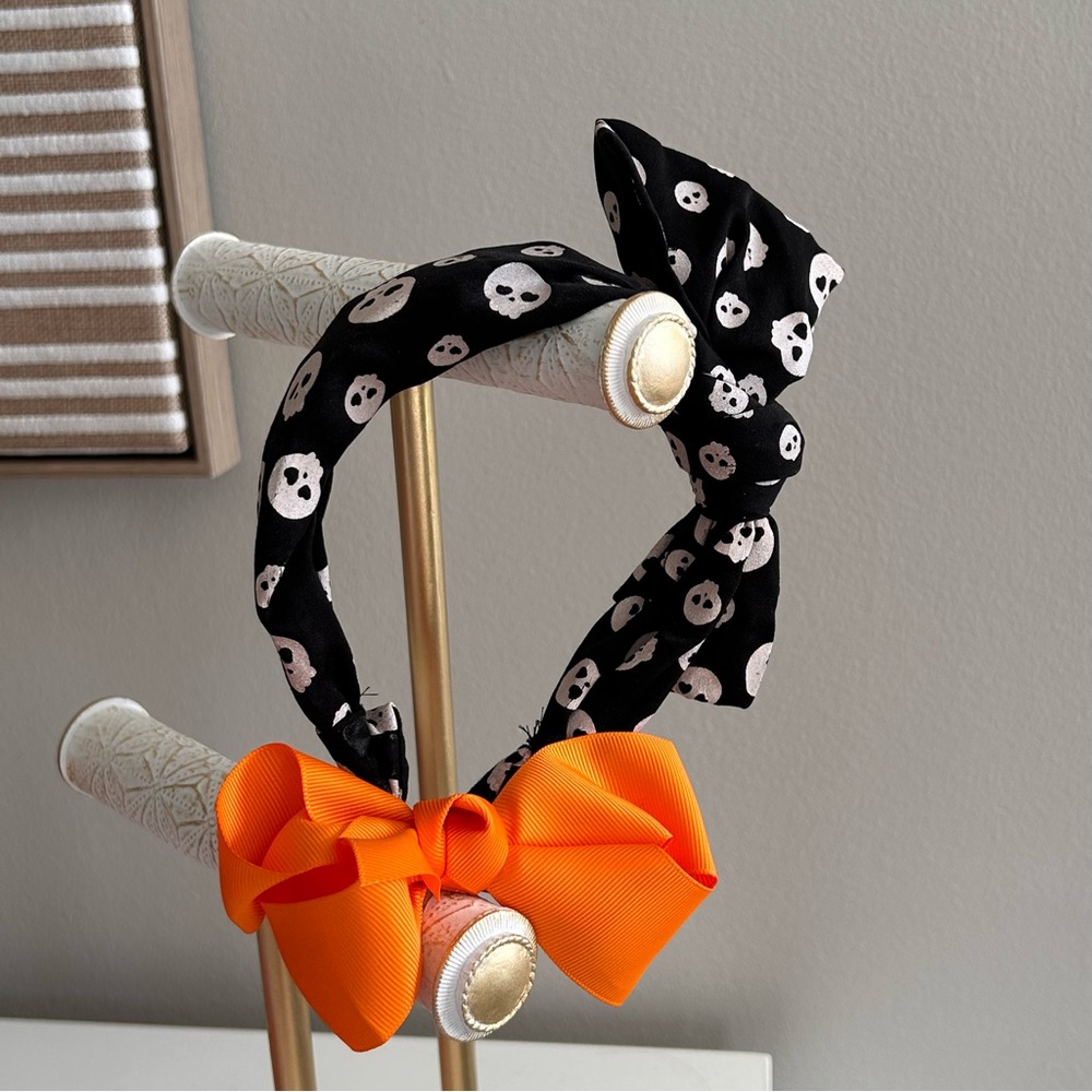 Girls Halloween Hair Accessories (Black Skull Headband & Orange Bow)